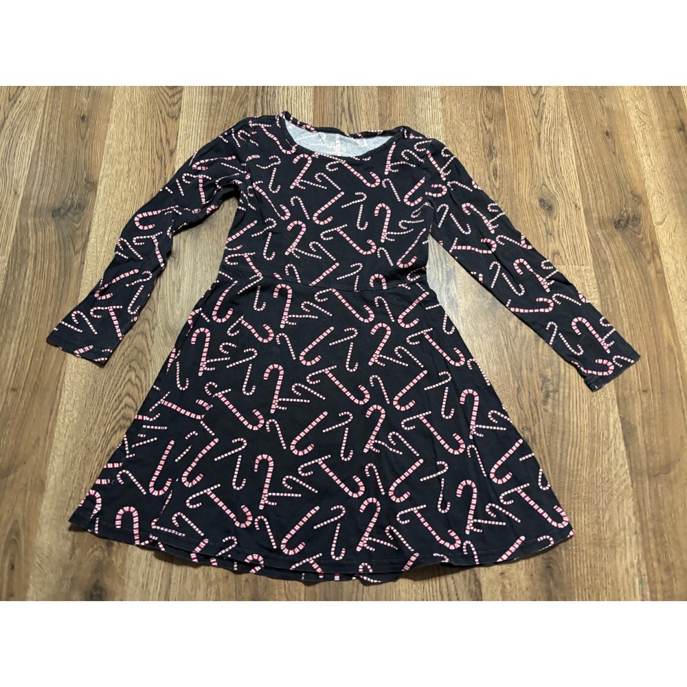 The Children's Place Dress Girls Size 7/8 Black Skater Candy Cane Long Sleeve